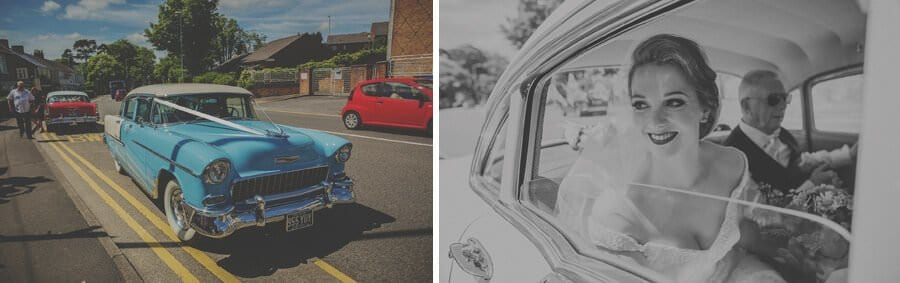 The bride arrives at the church in an old American car