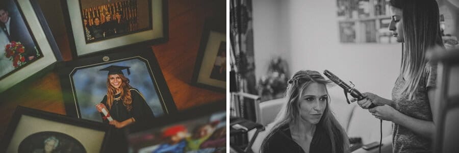 The bride has her hair straightened by the hairdresser