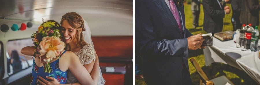 The bride embraces a friend