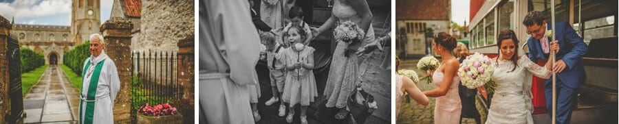 The bride and family leave the wedding bus