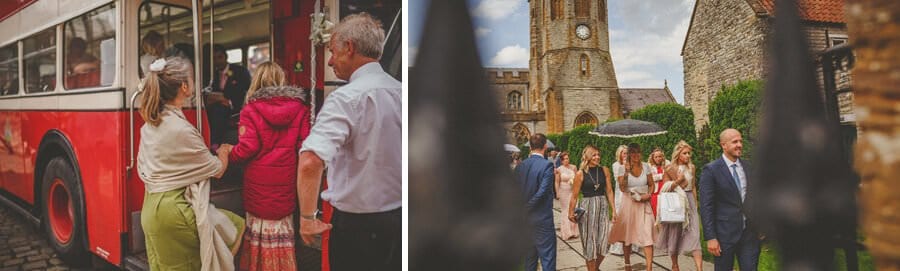 Guests board the wedding bus outside the church in Somerton