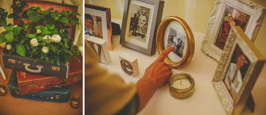 Framed family photographs in the marquee