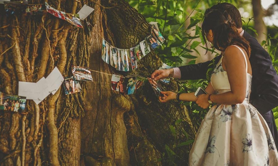 A man and woman look at photographs hanging from a tree in the garden at the old bridge petherton