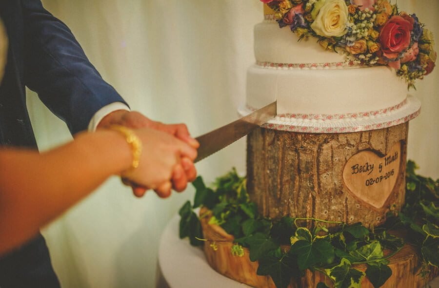The bride and groom cutting the cake