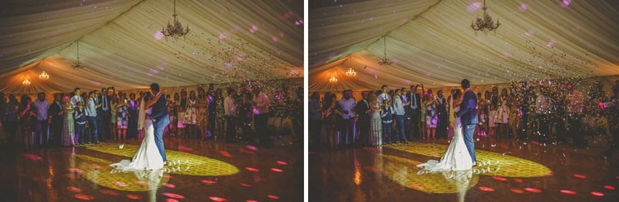 A confetti canon explodes in the marquee