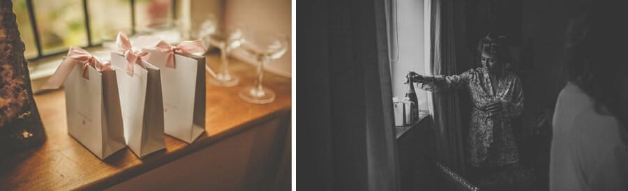 A bridesmaid places a bottle of champagne next to the window