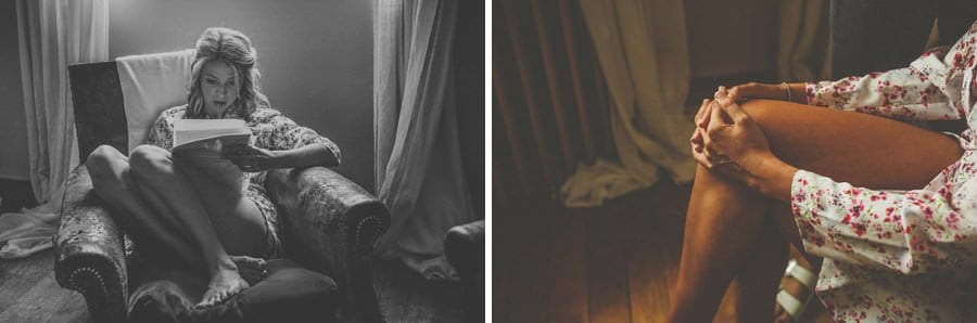 A bridesmaid sits on a chair and reads the speech she has written
