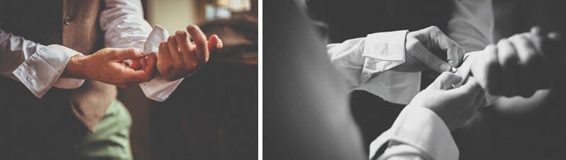 The groom fastens his cufflinks to his shirt