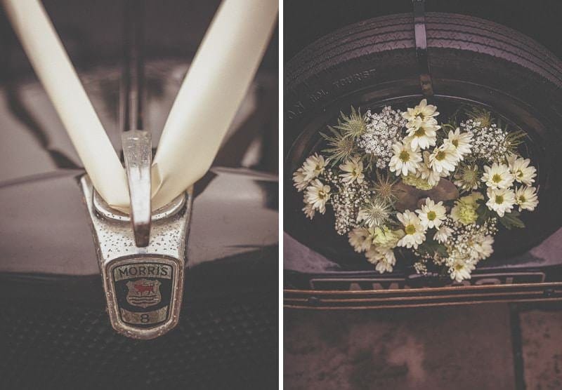 Flowers and ribbon on the front of the vintage car