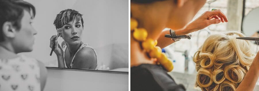 The bridesmaids apply make up in the mirror