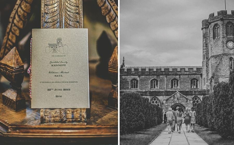 The bridesmaids walk towards the Church of St Michael and All Angels, Somerton