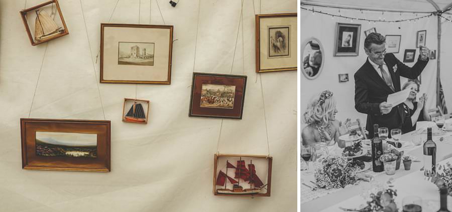 Picture frames hanging from the marquee at Sharpham Park