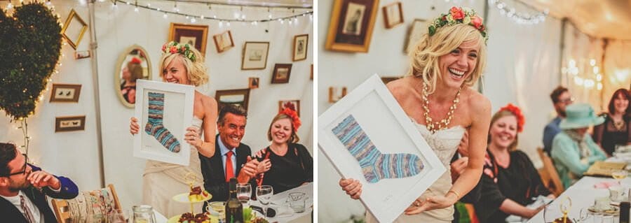 The bride shares a joke with the wedding party