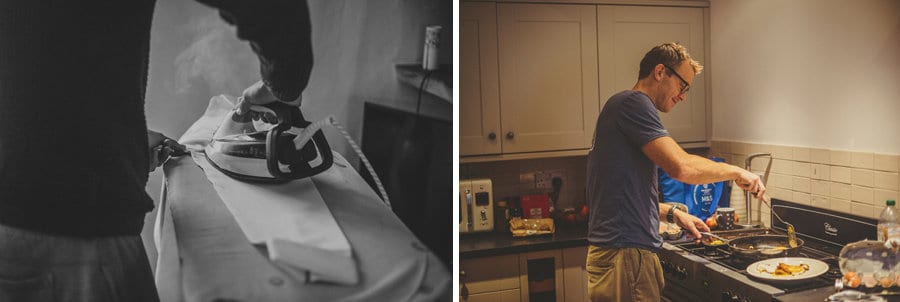 An usher irons his shirt and a wedding guest cooks eggs in a frying pan in the kitchen