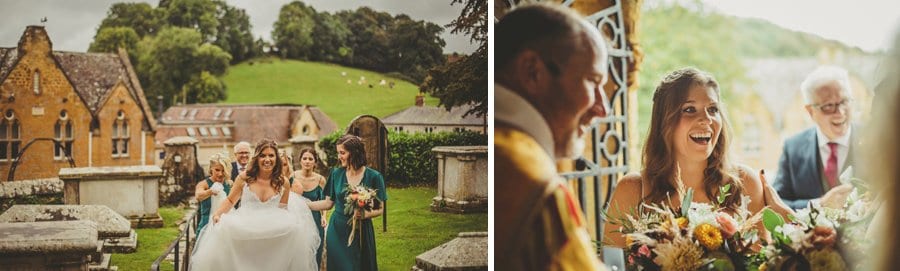 The bride arrives and waits under the arch of the Church