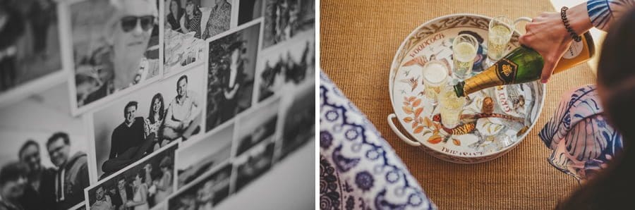 A bridesmaid pours champagne into flutes