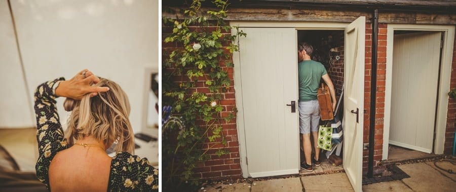 A man with a suitcase looks in a shed