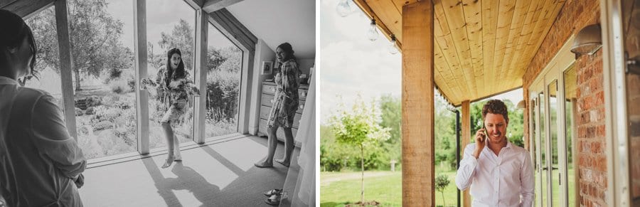 The groom stands outside his apartment and listens to somebody talking to him on a mobile phone