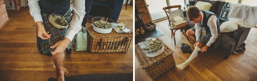 An usher puts on kilt and socks