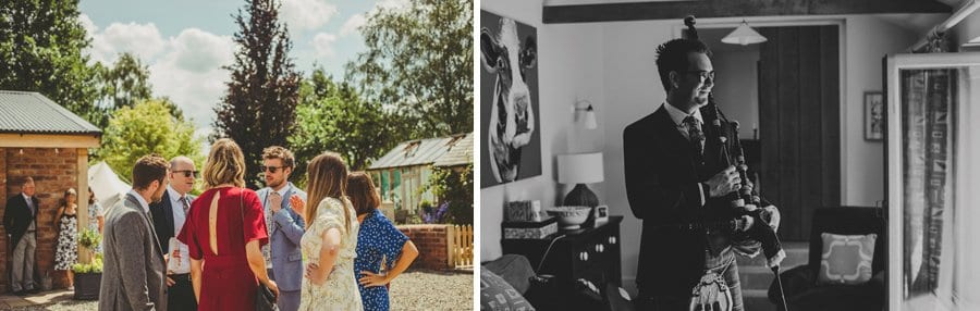 Wedding guests in the courtyard and an usher holds his bagpipes