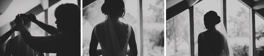 A bridesmaid puts on the brides head dress