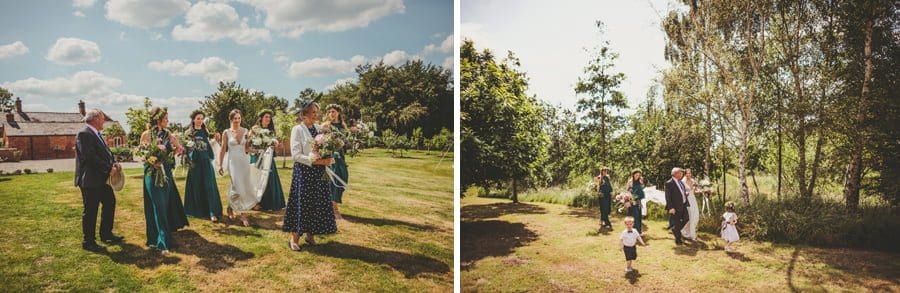 The bride and her bridemaids walking towards the outdoor ceremony
