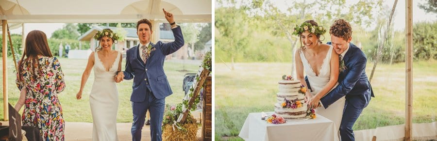 The bride and groom enter the marquee and cut the cake together