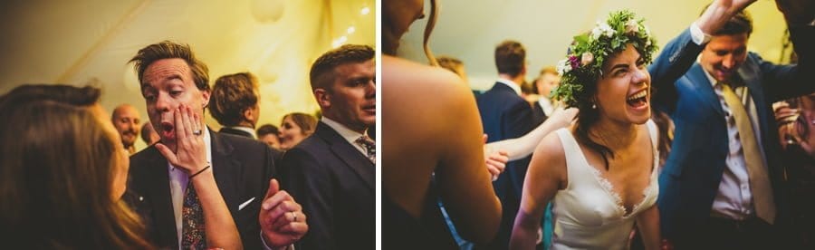 The bride shouting to her friend on the dancefloor and a wedding guest gets slapped on the cheek by his wife