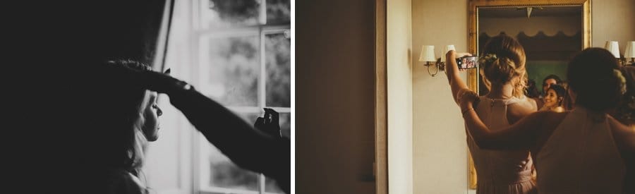 The hairdresser fastening the brides hair and bridesmaids taking photographs of themselves