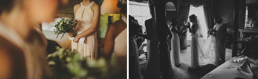 A bridesmaid holds her wedding flowers and the bridesmaids give the bride a cocktail drink