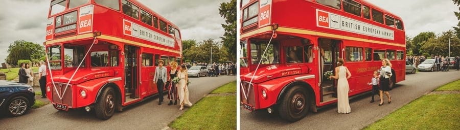 Bridesmaids walking up to the wedding bus