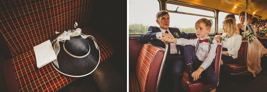 A wedding hat on the bus and a boy looks tired sat next to the brides father