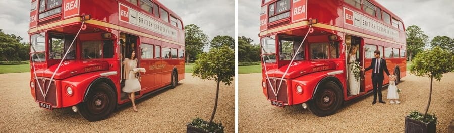 The bride and groom leave the wedding bus with the flowergirl