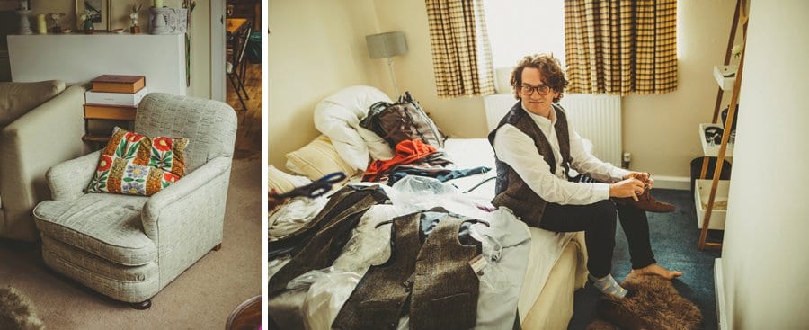 An usher puts on his shoes in the grooms parents house