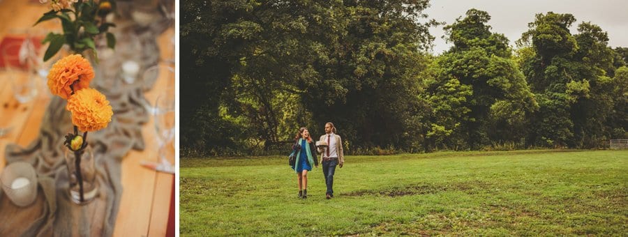 Wedding guests walking across the field to greet the groom and his family