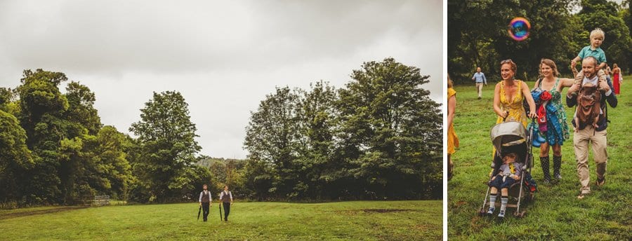 Wedding guests arriving in the field