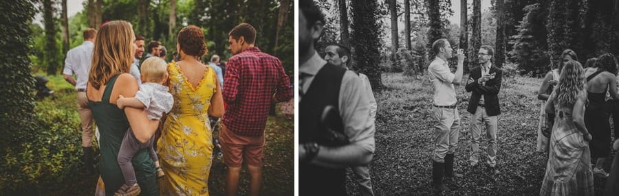 Wedding guests arriving at the forest and drinking beer
