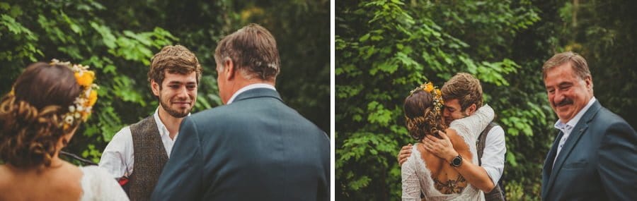 The groom weeps as he is greeted by the bride and her father