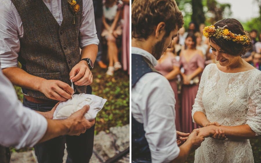 The wedding rings are exchanged in the forest