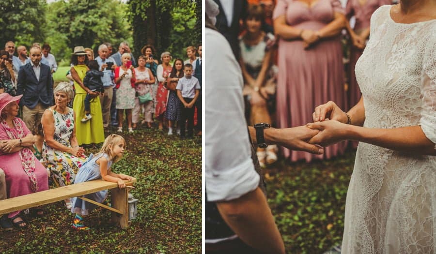 The bride places a wedding ring onto the finger of the groom