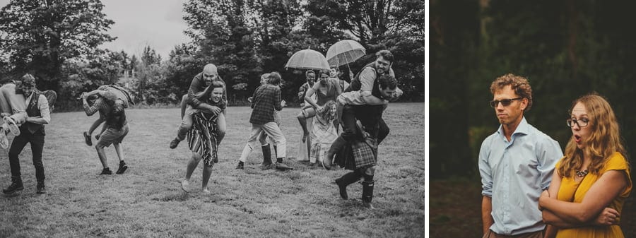 Wedding guests with other guests on their back
