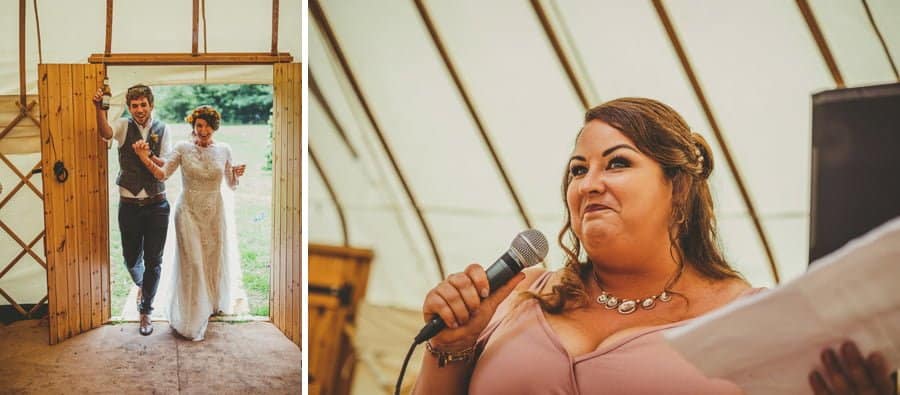 The bride and groom arrive inside the yurt