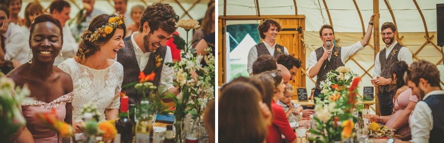 The best man and ushers deliver their speech to the wedding party inside the yurt