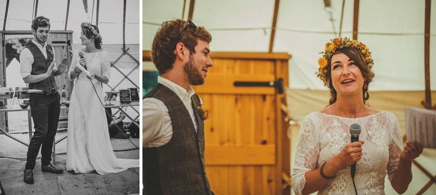 The bride and groom deliver their speech to their wedding guests