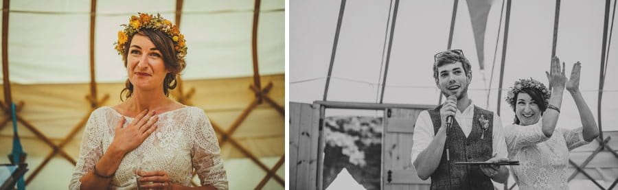 The bride is overwhelmed and places her hand on her chest