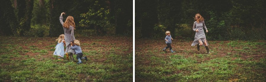 A mother plays with her children on the field of the school