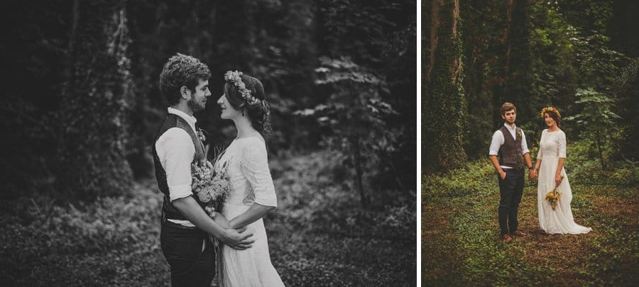 The bride and groom poses for portraits in the woods where the outdoor ceremony had been held earlier in the day