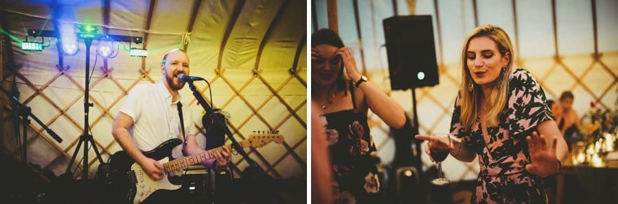 The lead singer of the band and a wedding guest dancing in the yurt