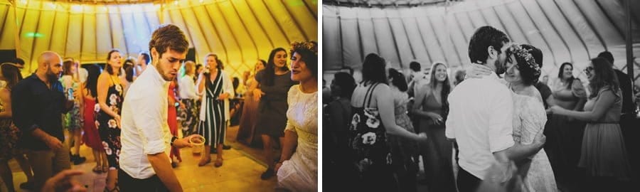 The bride and groom hold each other on the dancefloor