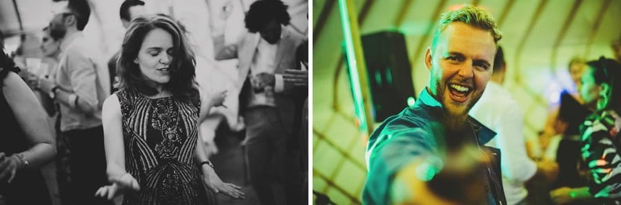 Wedding guests dancing in the yurt